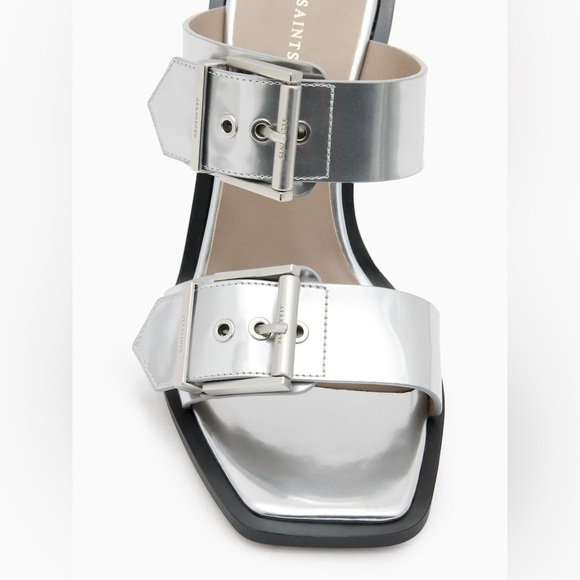 AllSaints Camille Silver Chrome Mirror Block Heel Sandals Sz 36 NIB - Picture 4 of 8